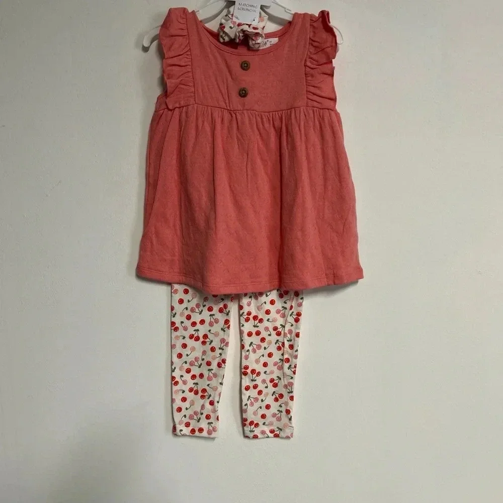 NWT Toddler Girls Rene Rofe’ 4T Outfit Set Pants Top & Scrunchie Cherries‎